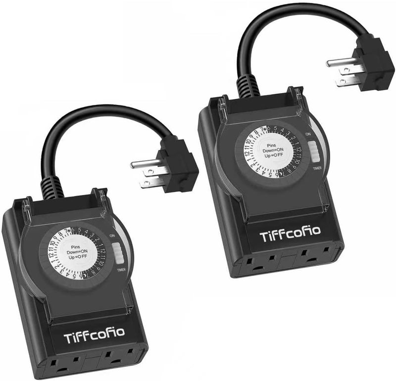 Tiffcofio Outdoor Timer Outlet Waterproof, 24 Hour Mechanical Light Timer Outdoor, 2 Grounded Outlets for Home and Garden, 15A 1/2HP, Heavy Duty, ETL Listed (2 Pack) - Image 1